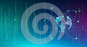 Abstract technology concept with globe and digital binary code on dark blue background representing global network and big data