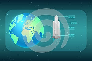 Abstract technology display with planet earth and rocket.