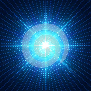 Abstract technology futuristic blue neon radial light burst effect on dark background.