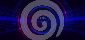 Abstract technology futuristic circles neon glowing blue and pink light lines with speed motion blur effect on dark blue