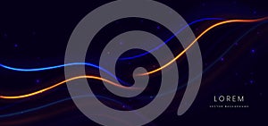 Abstract technology futuristic curved glowing neon blue and orange light ray on dark blue background with lighting effect