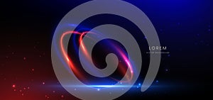 Abstract technology futuristic curved glowing neon blue and red light ray on dark blue background with lighting effect