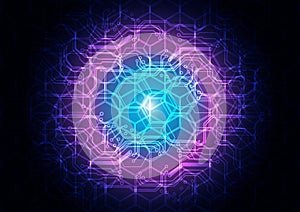 Abstract technology futuristic digital circuit and hexagon with light glowing on dark blue background, illustration vector design