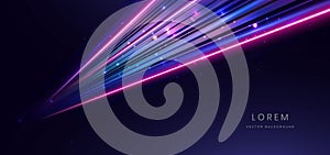 Abstract technology futuristic glowing blue and pink light lines with speed motion blur effect on dark blue background