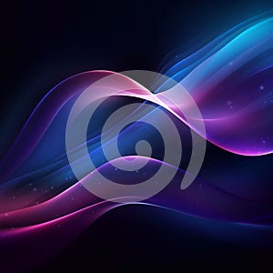 Abstract technology futuristic glowing blue and purple light lines with speed motion blur effect on dark blue background. AI