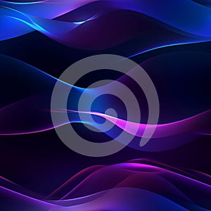 Abstract technology futuristic glowing blue and purple light lines with speed motion blur effect on dark blue background. AI