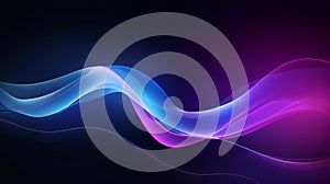 Abstract technology futuristic glowing blue and purple light lines with speed motion blur effect on dark blue background. AI