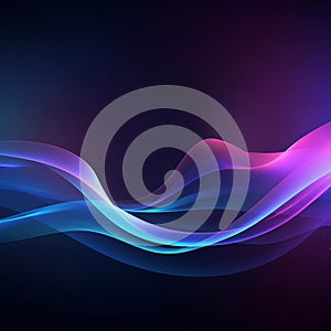 Abstract technology futuristic glowing blue and purple light lines with speed motion blur effect on dark blue background. AI