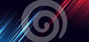 Abstract technology futuristic glowing neon blue and red light lines with speed motion movingon dark blue background with copy