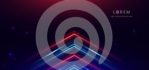 Abstract technology futuristic glowing neon triangles blue and red light lines with speed motion moving on dark blue background