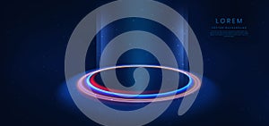 Abstract technology futuristic neon circle glowing blue and gold light lines with speed motion blur effect on dark blue
