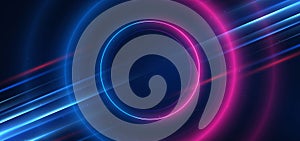 Abstract technology futuristic neon circle glowing blue and pink light lines with speed motion blur effect on dark blue