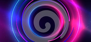 Abstract technology futuristic neon circle glowing blue and pink light lines with speed motion blur effect on dark blue