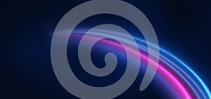 Abstract technology futuristic neon curved glowing blue and pink light lines with speed motion blur effect on dark blue