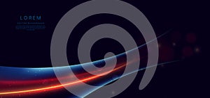 Abstract technology futuristic neon curved glowing red and blue light lines with speed motion blur effect on dark blue background