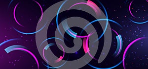 Abstract technology futuristic neon diagonal glowing blue and pink circle light lines with sprakle effect on dark blue background