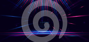 Abstract technology futuristic neon glowing blue and pink light lines with speed motion blur effect on dark blue background