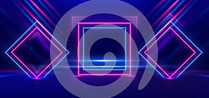 Abstract technology futuristic neon square frame glowing blue and pink light lines with speed motion blur effect on dark blue