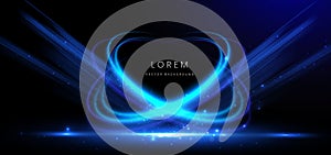 Abstract technology futuristic swirl glowing neon blue light ray on black background with lighting effect