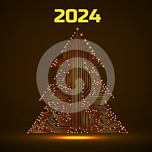 Abstract technology glowing Christmas tree 2024, neon circuit board