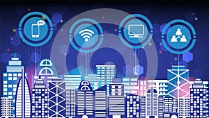 Abstract technology innovation smart city and wireless communication network night city social digital life, internet of things