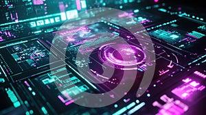 Abstract technology interface displaying glowing digital data processing