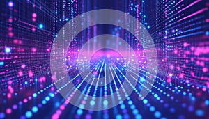 Abstract Technology: Neon Light Hexagonal Pattern With Dots, Honeycombs, Cells, And Information Grid For Digital Communication And