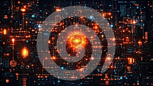 Abstract Technology Network Visualization with Bright Orange Elements on Dark Background