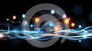 Abstract Technology Network Visualization Glowing Blue and Orange Waves with Connecting