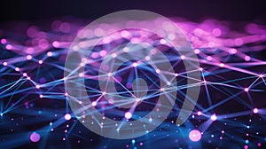Abstract Technology Network Visualization With Glowing Nodes, Connection Lines And Purple Bokeh