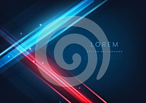 Abstract technology red and blue geometric overlapping hi speed line movement design background with copy space for text