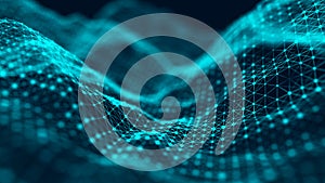 Abstract technology stream background. Digital dynamic wave of dots. Network connection structure. 3D rendering