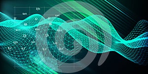 Abstract  technology visualization of wavy grid artificial intelligence.  Big data. Quantum virtual cryptography. Blockchain.
