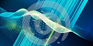 Abstract  technology visualization of wavy grid artificial intelligence. Quantum virtual cryptography. Blockchain. Big data.