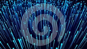 Abstract technology wave of particles. Big data visualization. Dark background with motion lines. Artificial intelligence. 3d