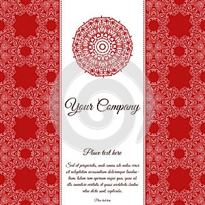 Abstract template of card. Frame pattern invitation with place for text. Lace ornament, mandala. Arabic, Islam design elements. Ve
