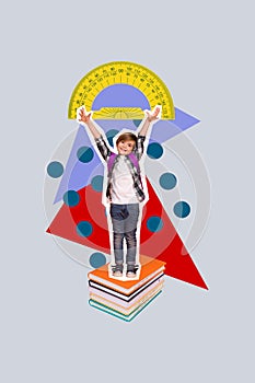 Abstract template graphics collage image of happy excited little schoolkid rising ruler measuring scale isolated grey