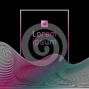 Abstract template line wave pattern vibrant green and pink color with rectangle frame on black background