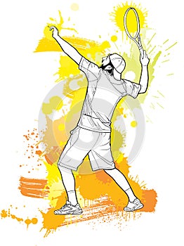 Abstract tennis player with a racket in splashed illustration, line art vector