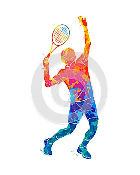 Abstract tennis player with a racket from splash of watercolors photo