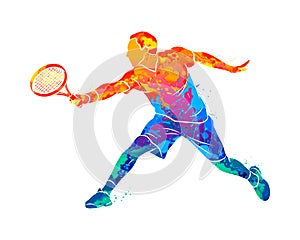 Abstract tennis player with a racket from splash of watercolors