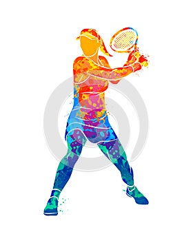 Abstract tennis player with a racket from splash of watercolors