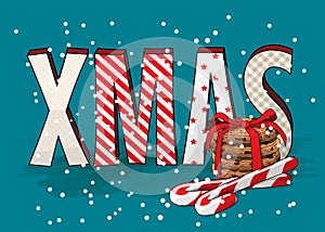 Abstract text XMAS with cookies and candy canes, holiday theme, illustration