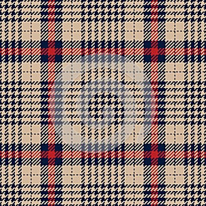 Abstract textile check pattern tweed in navy blue, red, beige. Seamless tartan vector graphic illustration for dress, skirt.