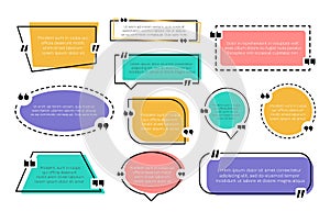 Abstract texting boxes. Speech citation balloon note, remark frame set of quotation bubble blog quotes. Vector illustration