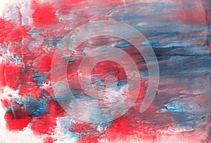 Abstract textural background with red, gray and blue paint lines with white divorces