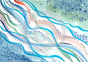 Abstract textural watercolor graphic color pattern of wavy lines and dots in turquoise and orange tones