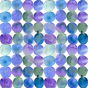 Abstract textural watercolor seamless pattern of multicolored blue green purple circles