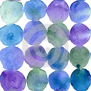 Abstract textural watercolor seamless pattern of multicolored blue green purple circles