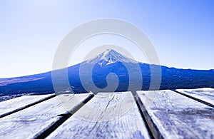 Abstract Texture background. Empty blank wood plank or brown table with Mount Fuji world famous tourist attractions.